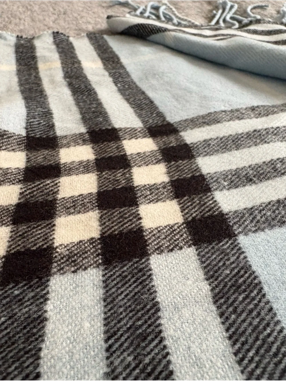 Light Blue Plaid Cashmere Scarf with Fringe